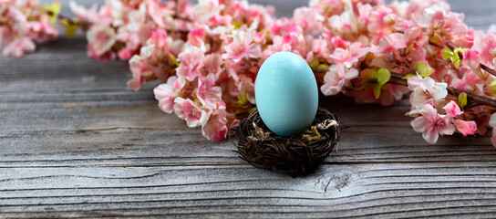 Obraz na płótnie Canvas Select focus of a standing egg in nest with springtime pink cherry blossoms and rustic wood in background