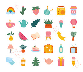 rainbow and hand drawn icons set, colorful design