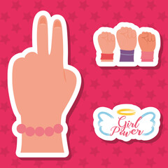 girl power hands icon set, flat style