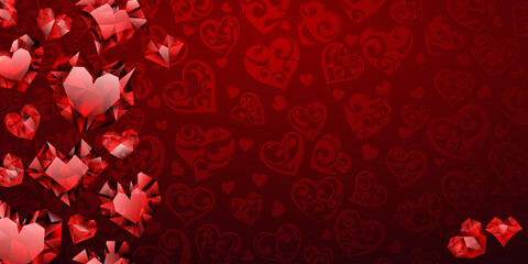 Background of big, small and several crystal hearts in red colors. Illustration on Valentine Day