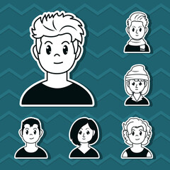 cartoon young man and people icon set, line style