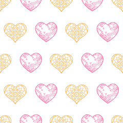 Romantic seamless pattern with heart shape on a white background.
Vector seamless background for Valentine's day, fabric fills, and scrapbook. Surface pattern design
