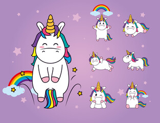 icon set of cute and happy unicorns, line and fill style