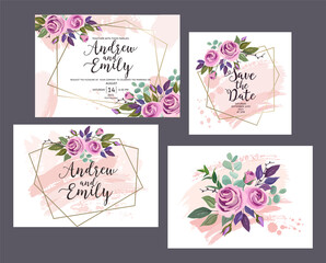 Wedding invitation card with abstract pastel pink background, gold geometric frame ans hand drawn roses and leaves. Save the Date card template