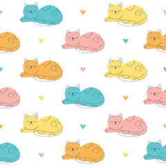 Seamless pattern background with cute sleeping cats and hearts.