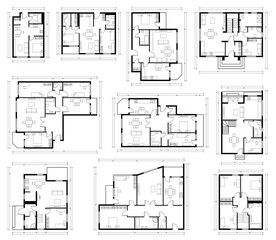 Architecture design, blueprint plan. Set of different black and white house floor plans isolated on white - obrazy, fototapety, plakaty