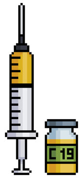 Pixel Art Vaccine Covid 19 Syringe And Ampoule Icon For 8bit Game On White Background
