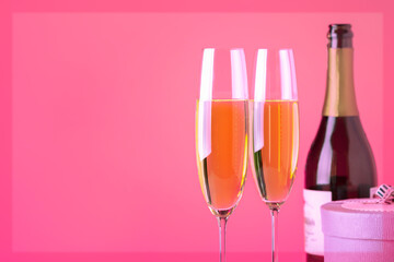 Romantic for couple. Greeting card with gift box and champagne.