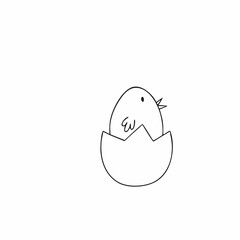 Cute chicken sitting in the shell of an egg. Vector illustration for the Easter holiday. Coloring book for kids.