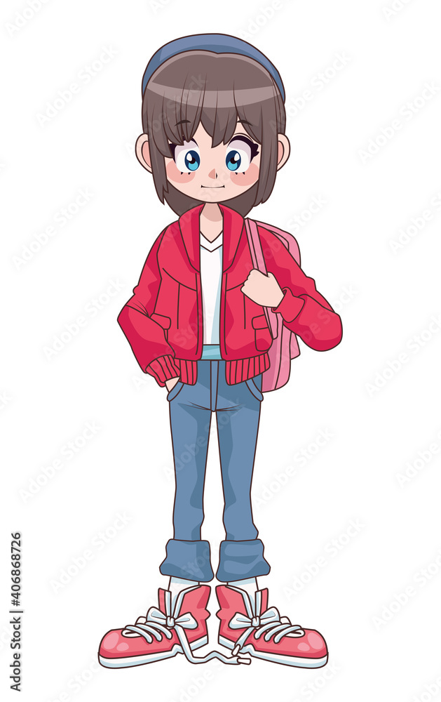 Sticker beautiful teenager girl with schoolbag anime character