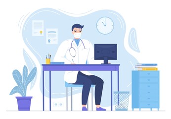 Doctor with stethoscope sitting at the desk with monitor. Medcine, pandemic, lockdown therapy, health care, hospital workspace concept. Stock vector illustration in flat style isolated on white.