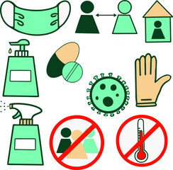Coronavirus covid warning icon set ( gloves, mask, soap, spray, pills, social distance etc)
