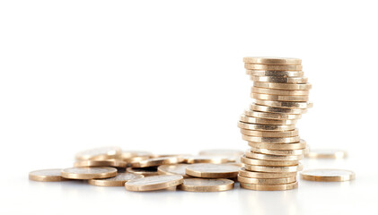 A pile of euro coins and scattered coins on a white background