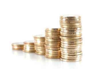 A row of increasing euro coins on a white background