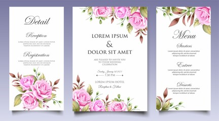 Fototapeta na wymiar Wedding invitation card with beautiful flowers and leaves