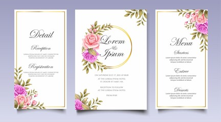 Fototapeta na wymiar Wedding invitation card with beautiful flowers and leaves