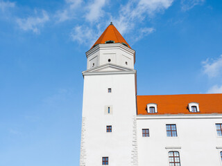 Bratislava Castle (Slovak: Bratislavský hrad) tower close up. Main castle of Bratislava, capital of Slovakia. Beautiful european architecture. 