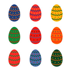 Set of Easter eggs of pastel colors with colorful patterns on white background. Vector illustration