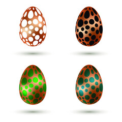 Set of four metallic golden bronze Easter egg with shiny polka dot pattern and shadow isolated on white background. Easter-egg hunt modern design elements. Vector illustration