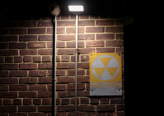 yellow and white fallout shelter sign on a brick wall at night with a spotlight shining on it...