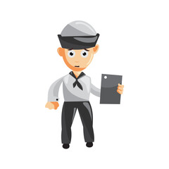 Sailor man Hold Tablet Phone cartoon character Vector illustration in a flat style Isolated