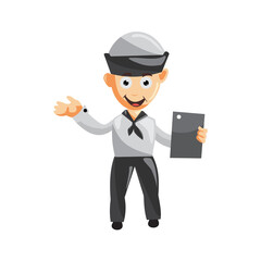 Sailor man Hold Tablet Phone cartoon character Vector illustration in a flat style Isolated