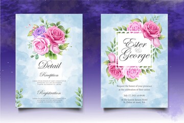 Wedding invitation card with beautiful flowers and leaves