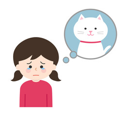 Girl dealing with the death of her pet cat. Vector illustration isolated on white background.