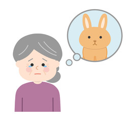 Elderly woman dealing with the death of her pet rabbit. Vector illustration isolated on white background.