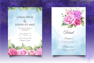 Naklejka na ściany i meble Wedding invitation card with beautiful flowers and leaves