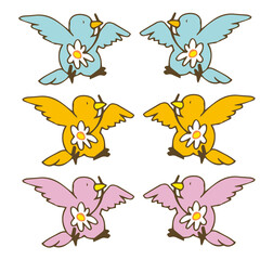 花をくわえた鳥　3色　左右