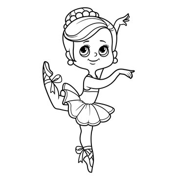 Cartoon ballerina girl  in lush tutu dance on one leg outlined for coloring isolated on a white background