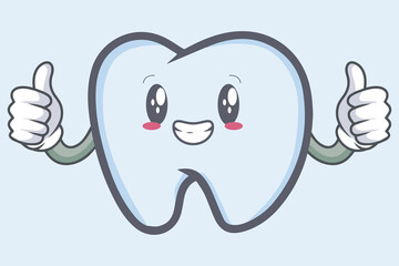 vector Thumb Up tooth character emoticon cartoon style. Logo, Icon, Mascot Illustration