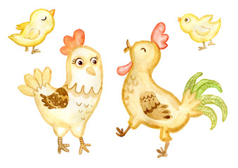 Collection with watercolor chickensand rooster cartoon for Easter