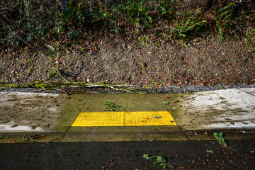 After the storm, floodwater and storm debris on a sidewalk disabled curb ramp on a sunny day
