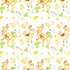 Seamless watercolor pattern. cock rooster, bantam, chicken. Chinese lantern, lamp, bay, orange, mandarin, fan, Asian style. Chinese New Year. New Year. watercolor