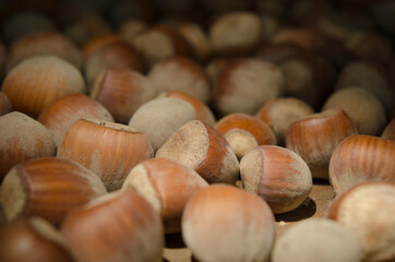 hazelnuts on wooden table forming dried fruit background
