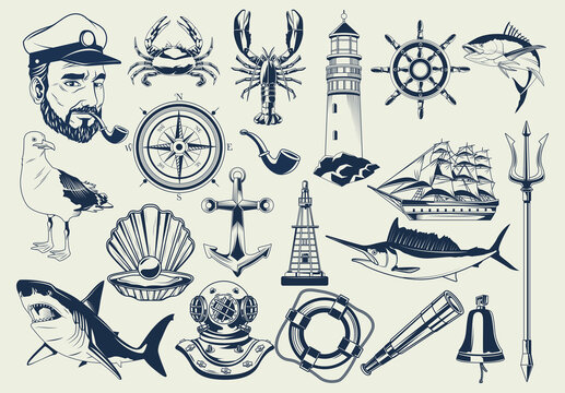 bundle of nautical elements set icons pattern