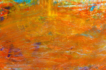 colorful creative motley background: smudged residues of oil paints on a wooden palette, short...