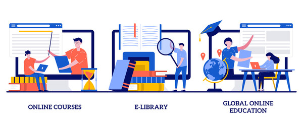 Online courses, E-library, global online education concept with tiny people. E-learning tools abstract vector illustration set. Certificate diploma, content store access, individual learning metaphor