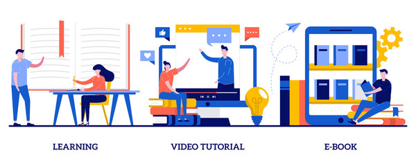 Learning, video tutorial, ebook concept with tiny people. Education and training abstract vector illustration set. School library, online courses, student homework, memory and knowledge metaphor