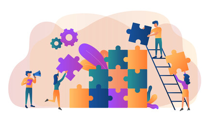 Business concept. Team metaphor. people connecting puzzle elements. Vector illustration flat design style. Symbol of teamwork, cooperation, partnership.
