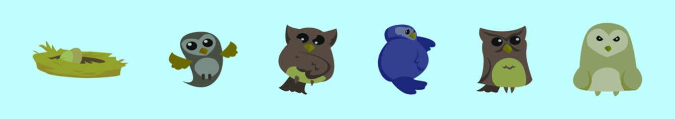 set of barn owl cartoon icon design template with various models. vector illustration isolated on blue background