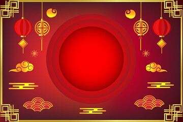 Happy Chinese new year on red background,decorative classic festive for holiday,Traditional lunar year with hanging lanterns traditional style
