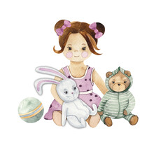 Watercolor handpainted composition with cute baby toys for kids (Airplane, ball, doll, giraffe, hare, pyramid, rocking horse, robot, teddy bear, train, rainbow, wooden blocks)