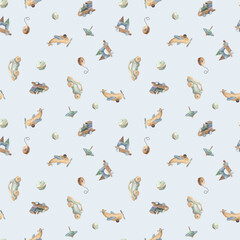 Watercolor handpainted seamless pattern with cute baby toys for kids (Airplane, ball, car, doll, giraffe, hare, pyramid, rocking horse, robot, teddy bear, train, zebra)