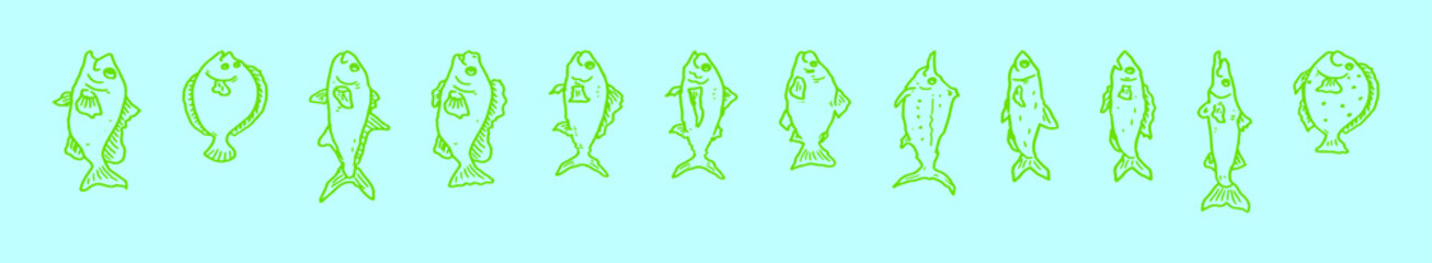 set of fish cartoon icon design template with various models. vector illustration isolated on blue background