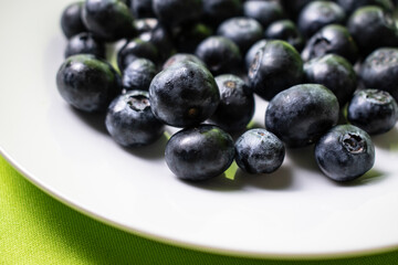 blueberries on a white plate with green background