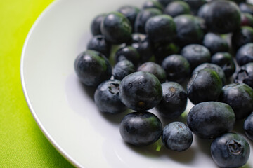 blueberries on a white plate with green background