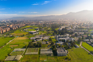 View from a drone of green area of a university and housing buildings. Bogotá. Colombia